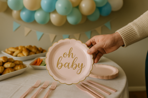 Een vrouw pakt een roze papieren bord met daarop 'oh baby' terwijl er eten op tafel staat.