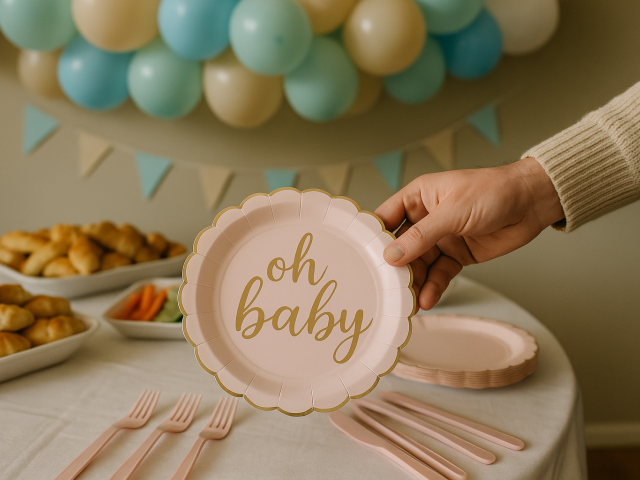 Een vrouw pakt een roze papieren bord met daarop 'oh baby' terwijl er eten op tafel staat.